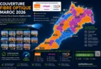 Couverture Fibre Optique Maroc 2026 montrant la carte des villes et quartiers éligibles à la fibre FTTH avec le partage d’infrastructure entre Orange, inwi et Maroc Telecom.