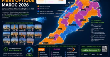 Couverture Fibre Optique Maroc 2026 montrant la carte des villes et quartiers éligibles à la fibre FTTH avec le partage d’infrastructure entre Orange, inwi et Maroc Telecom.