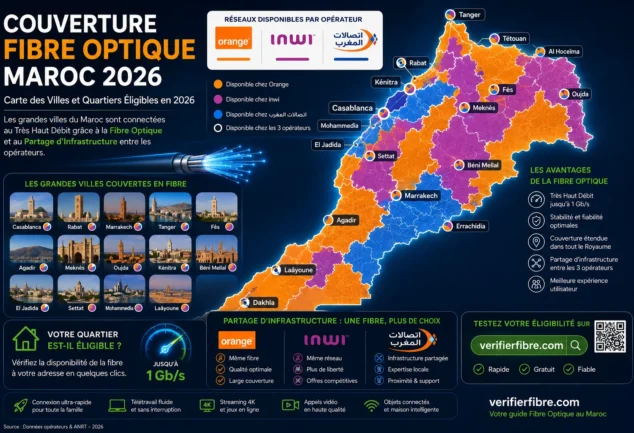 Couverture Fibre Optique Maroc 2026 montrant la carte des villes et quartiers éligibles à la fibre FTTH avec le partage d’infrastructure entre Orange, inwi et Maroc Telecom.