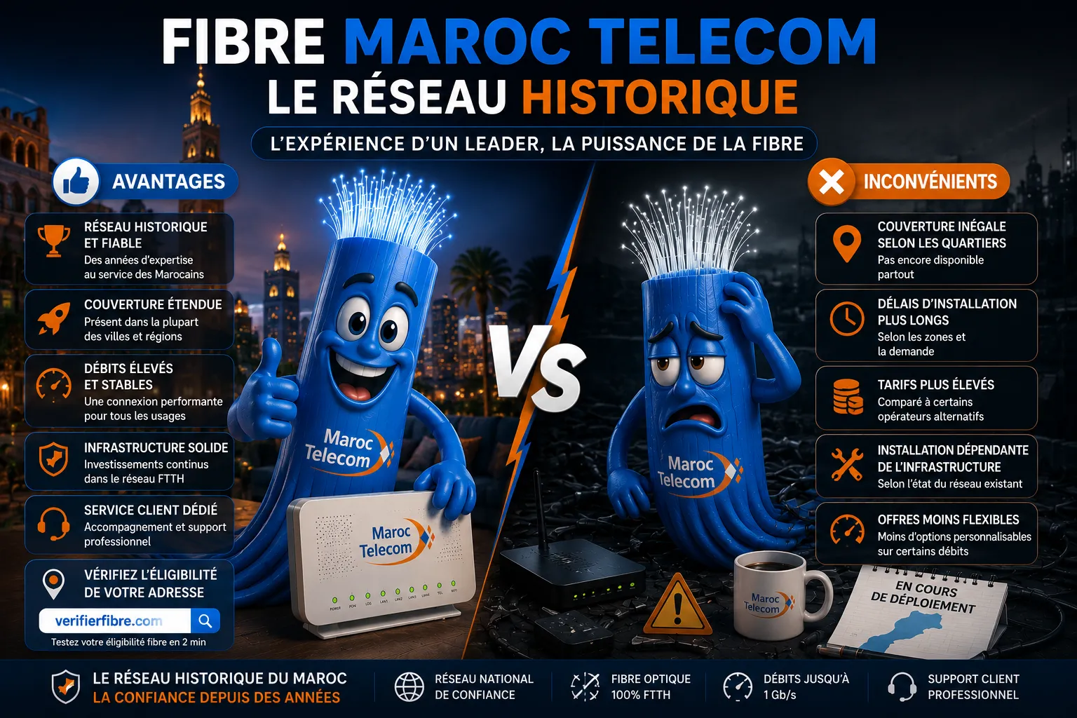 Fibre Maroc Telecom 2026 : avantages et inconvénients du réseau historique FTTH au Maroc avec couverture fibre optique, débits Internet et test d'éligibilité fibre
