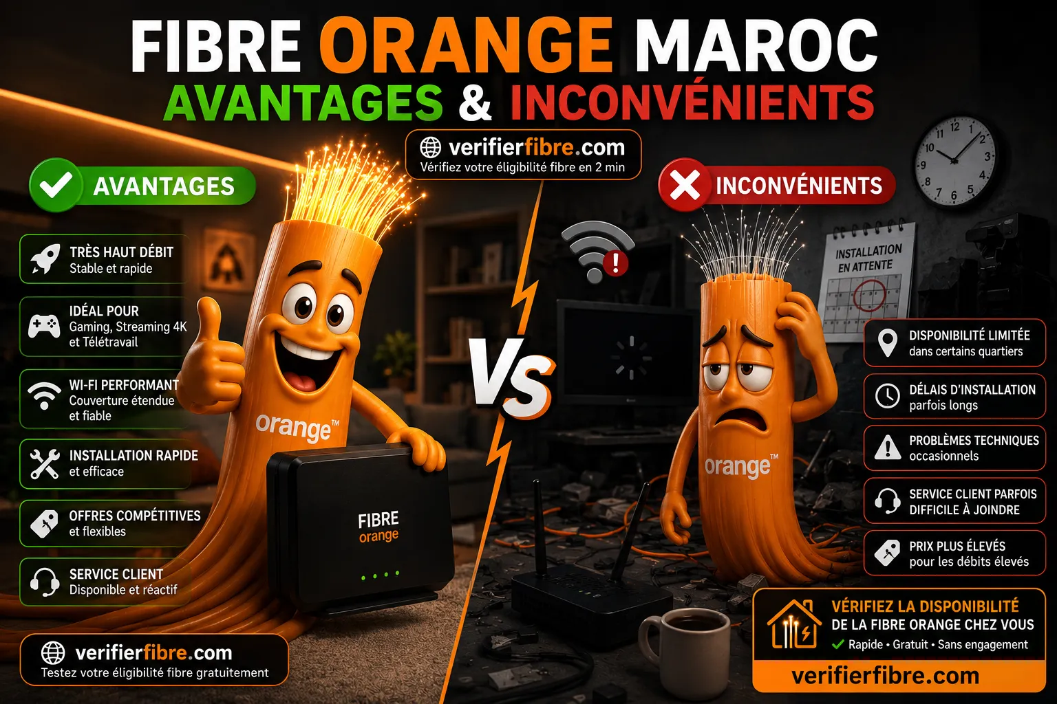 Comparatif Fibre Orange Maroc 2026 montrant les avantages et inconvénients de l'offre fibre optique Orange avec test d'éligibilité fibre Maroc sur verifierfibre.com