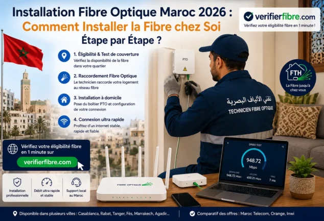 Installation fibre optique Maroc 2026 : technicien installant la fibre FTTH dans une maison marocaine avec boîtier PTO, routeur WiFi et test d’éligibilité fibre sur verifierfibre.com
