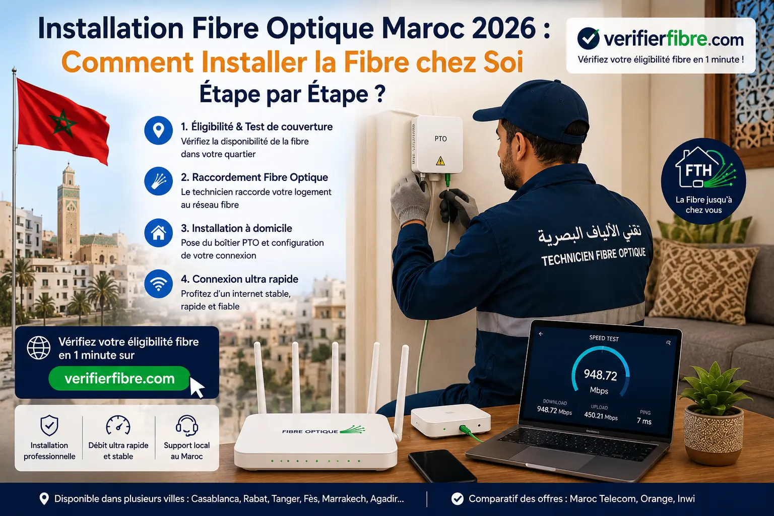 Installation fibre optique Maroc 2026 : technicien installant la fibre FTTH dans une maison marocaine avec boîtier PTO, routeur WiFi et test d’éligibilité fibre sur verifierfibre.com