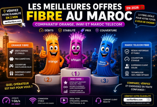 Comparatif des meilleures offres fibre au Maroc en 2026 entre Orange, inwi et Maroc Telecom avec analyse des débits, prix, couverture FTTH et éligibilité fibre optique