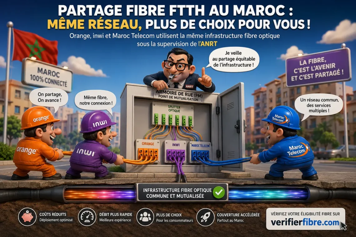 Partage Fibre FTTH au Maroc entre Orange, inwi et Maroc Telecom sous la supervision de l’ANRT avec une infrastructure fibre optique mutualisée.