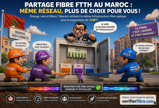 Partage Fibre FTTH au Maroc entre Orange, inwi et Maroc Telecom sous la supervision de l’ANRT avec une infrastructure fibre optique mutualisée.