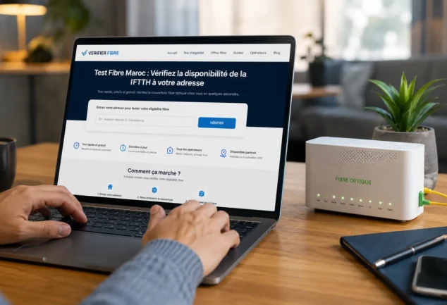 test-fibre-maroc-page-principale-ftth.webp" alt="Test Fibre Maroc sur ordinateur portable avec routeur fibre optique FTTH à domicile