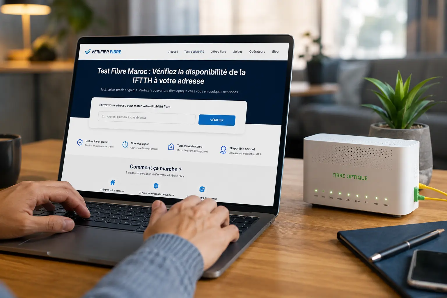test-fibre-maroc-page-principale-ftth.webp" alt="Test Fibre Maroc sur ordinateur portable avec routeur fibre optique FTTH à domicile
