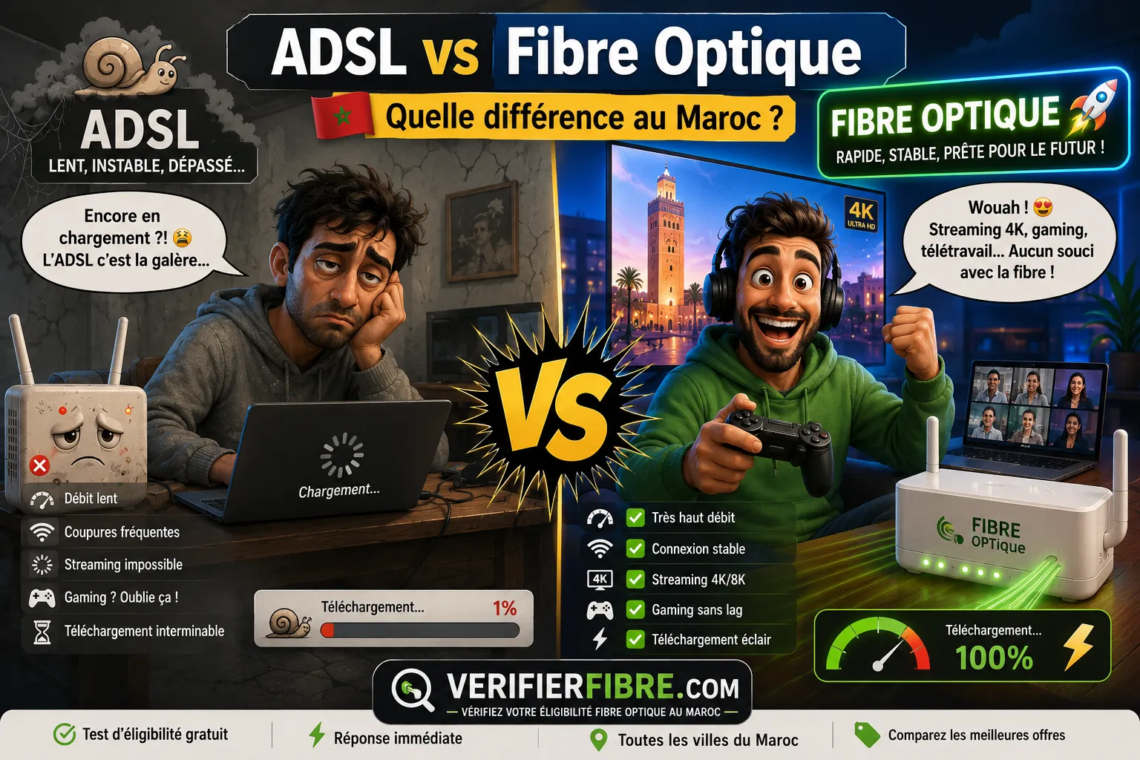 Comparatif Fibre Optique vs ADSL au Maroc en 2026 montrant les différences de vitesse, stabilité, gaming, streaming 4K et télétravail.