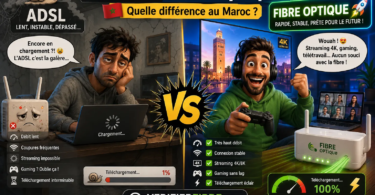 Comparatif Fibre Optique vs ADSL au Maroc en 2026 montrant les différences de vitesse, stabilité, gaming, streaming 4K et télétravail.
