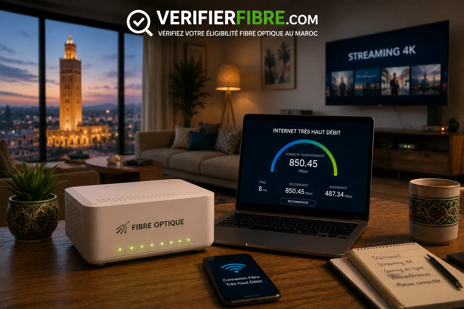 Internet Très Haut Débit au Maroc en 2026 avec la Fibre Optique : connexion rapide, streaming 4K, télétravail, gaming et maison connectée.